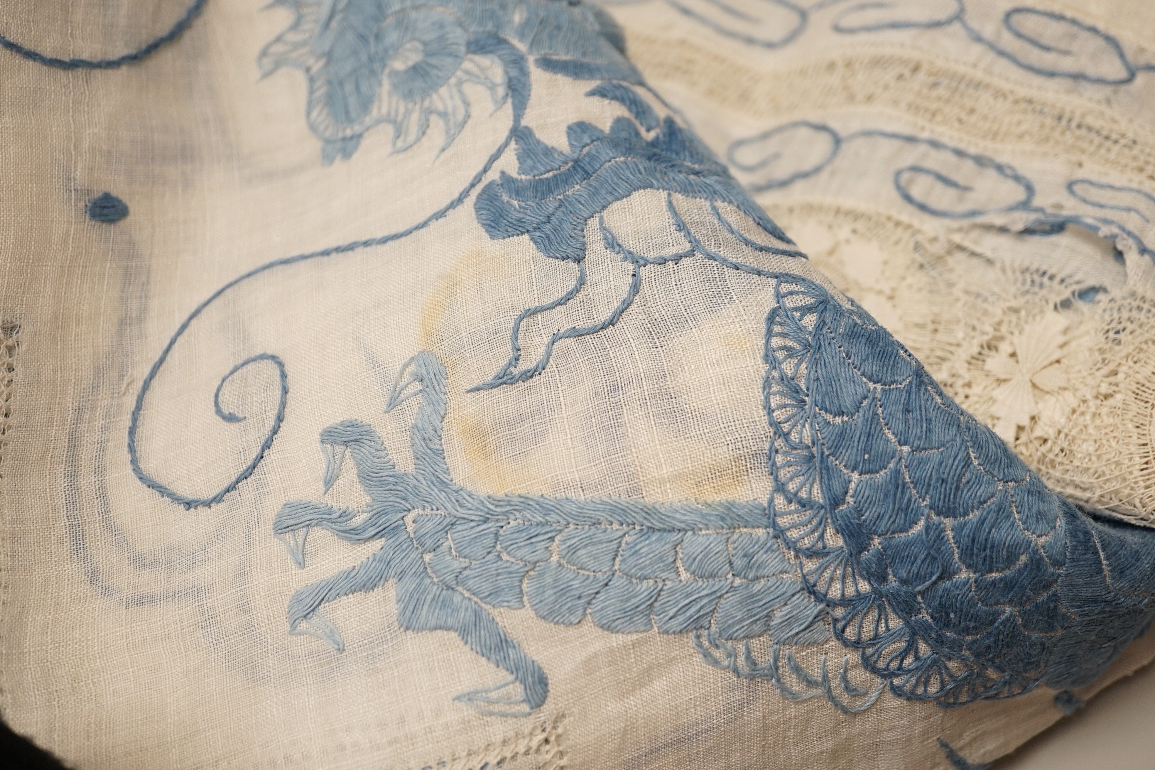 An early 20th century Chinese embroidered linen 'dragon' table cloth